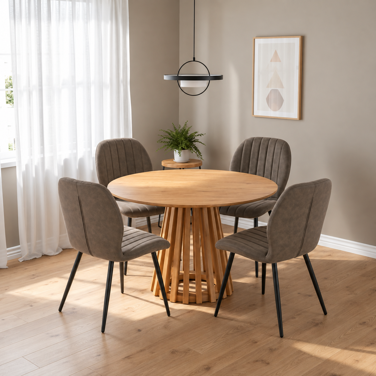 Kayci Round Oak Dining Table with 4 Jaydn Chairs - Grey