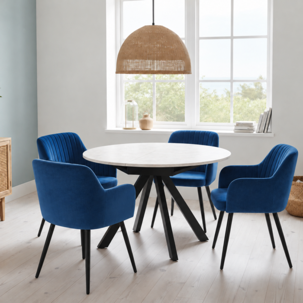 Harley Extendable Dining Table with 4 Charlotte Velvet Chairs - Blue