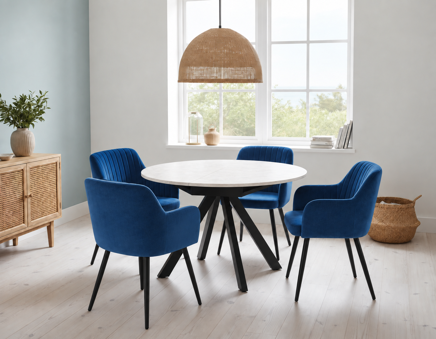Harley Extendable Dining Table with 4 Charlotte Velvet Chairs - Blue