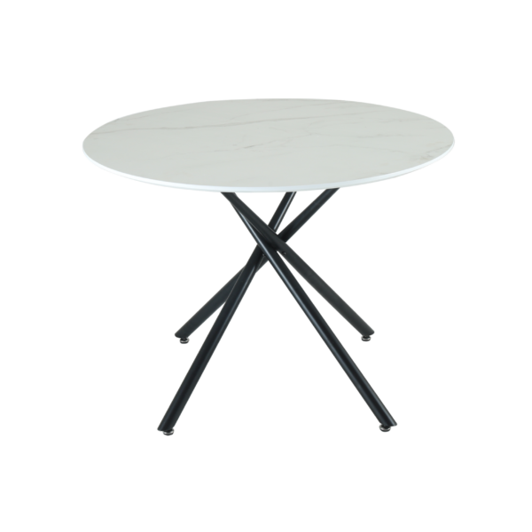 Reuben Circle Stone White Concrete Dining Table with starburst black legs