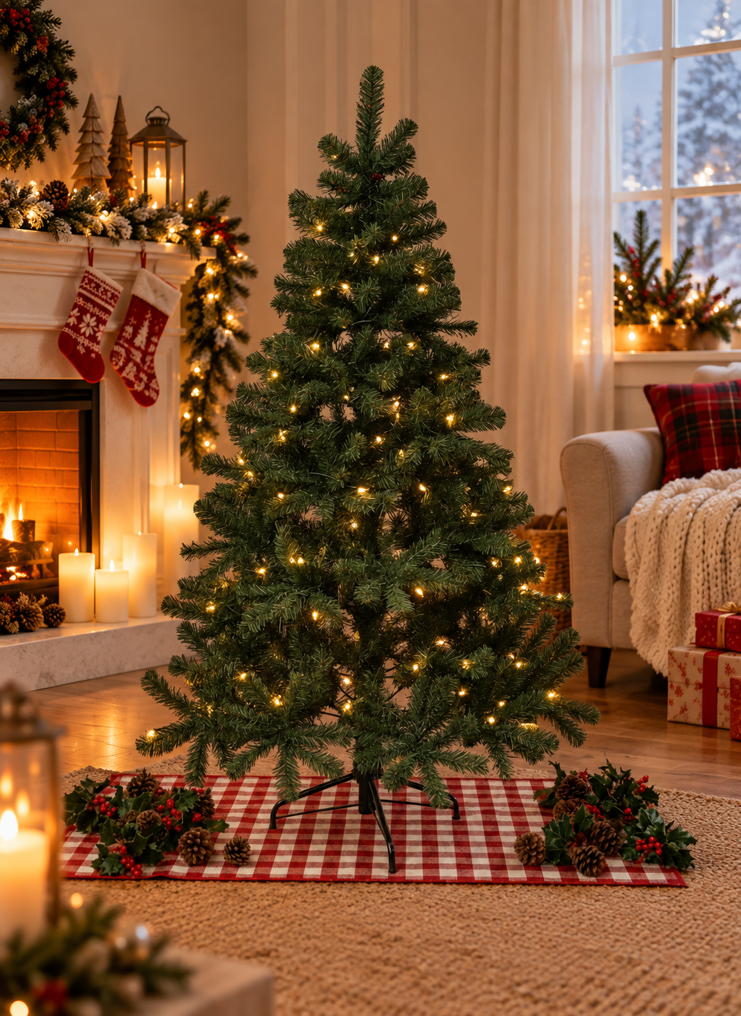 Winter Fir Green Pre-Lit Artificial Christmas Tree - LED multi function lights - 7Ft With 210 Led Lights