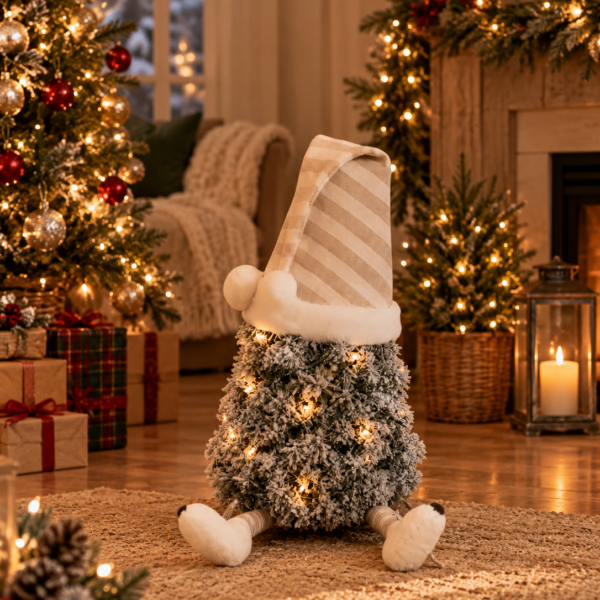 Flocked mini tree gonk with striped nightcap and dangly legs