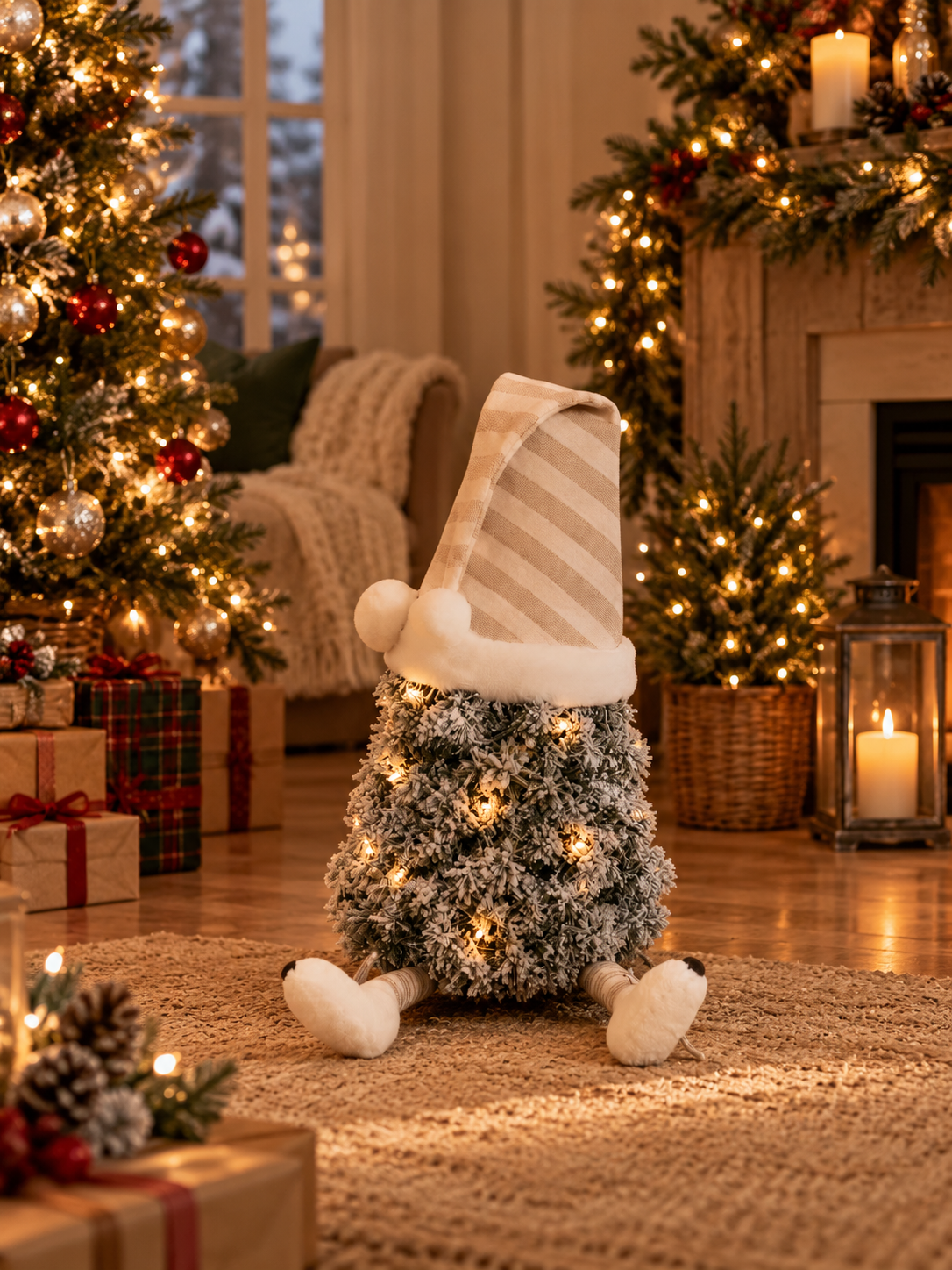 Flocked mini tree gonk with striped nightcap and dangly legs