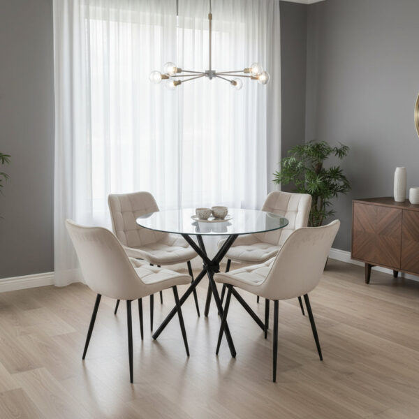 Elsie Dining Table with 4 Erica Velvet Chairs - Cream