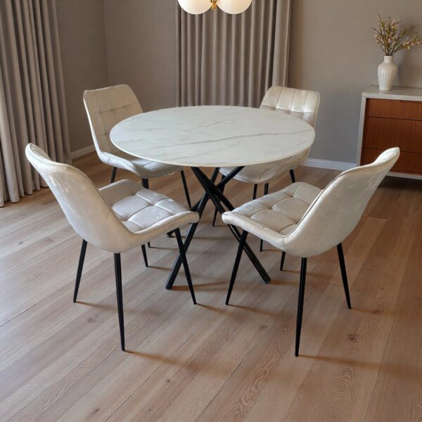Reuben Dining Table with 4 Erica Velvet Chairs - Cream