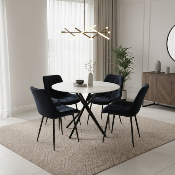 Reuben Dining Table with 4 Erica Velvet Chairs