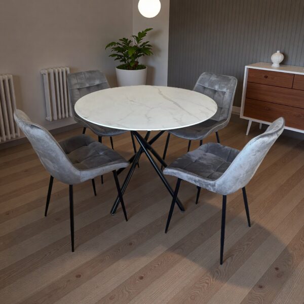 Reuben Dining Table with 4 Erica Velvet Chairs - Grey