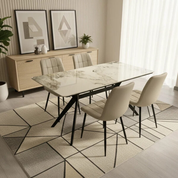 Darcie Marble Top Dining Table with Erica Velvet Chairs - Cream