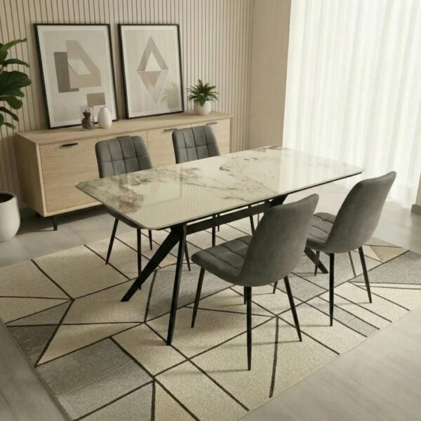 Darcie Marble Top Dining Table with Erica Velvet Chairs - Grey