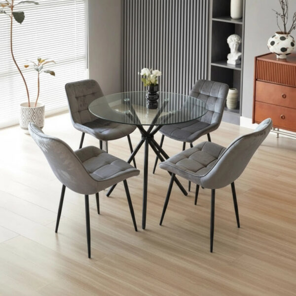 Elsie Dining Table with 4 Erica Velvet Chairs - Grey