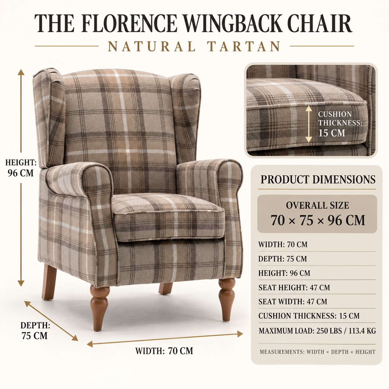The Freya Wingback Chair – Natural Tartan - Image 3