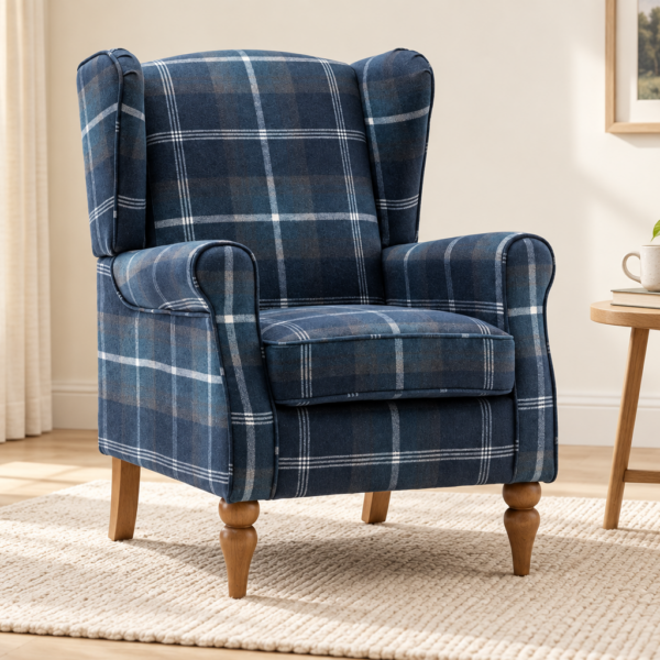 The Freya Wingback Chair – Navy Tartan