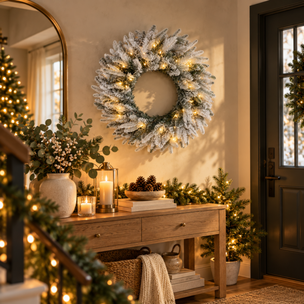 60cm Premium Mixed branch prelit Snow Flocked Christmas Wreath - with timer