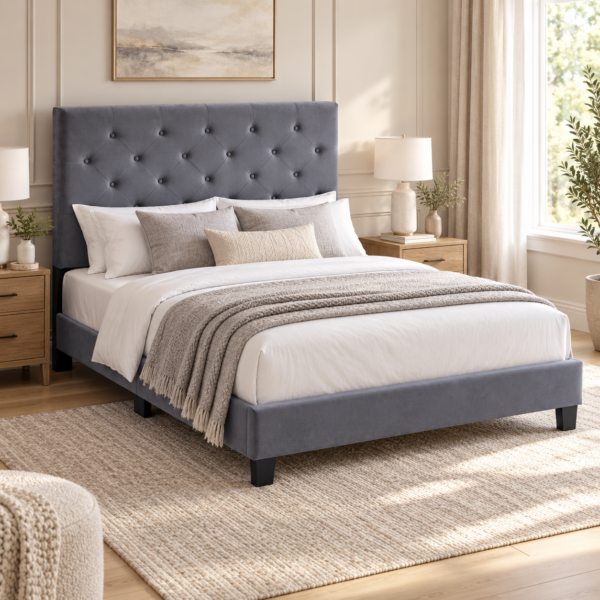 The Palermo Grey Button-Tufted Upholstered Bed – Double