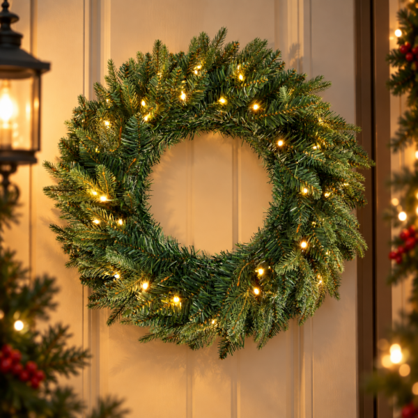 60cm Premium Mixed branch prelit Green Wreath - with timer