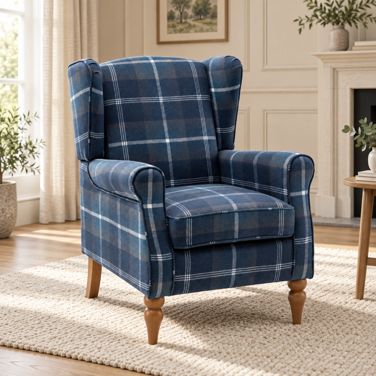 Highland Blue Check Wingback Chair - Image 3