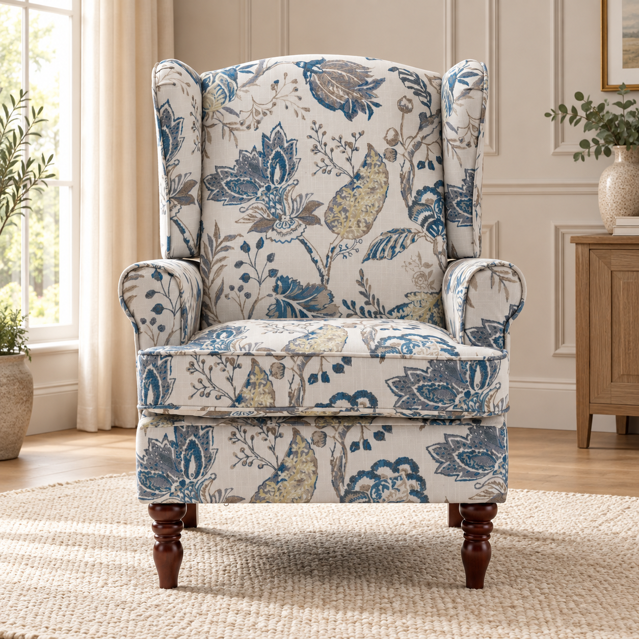 Blue Botanical Wingback Chair - Image 2