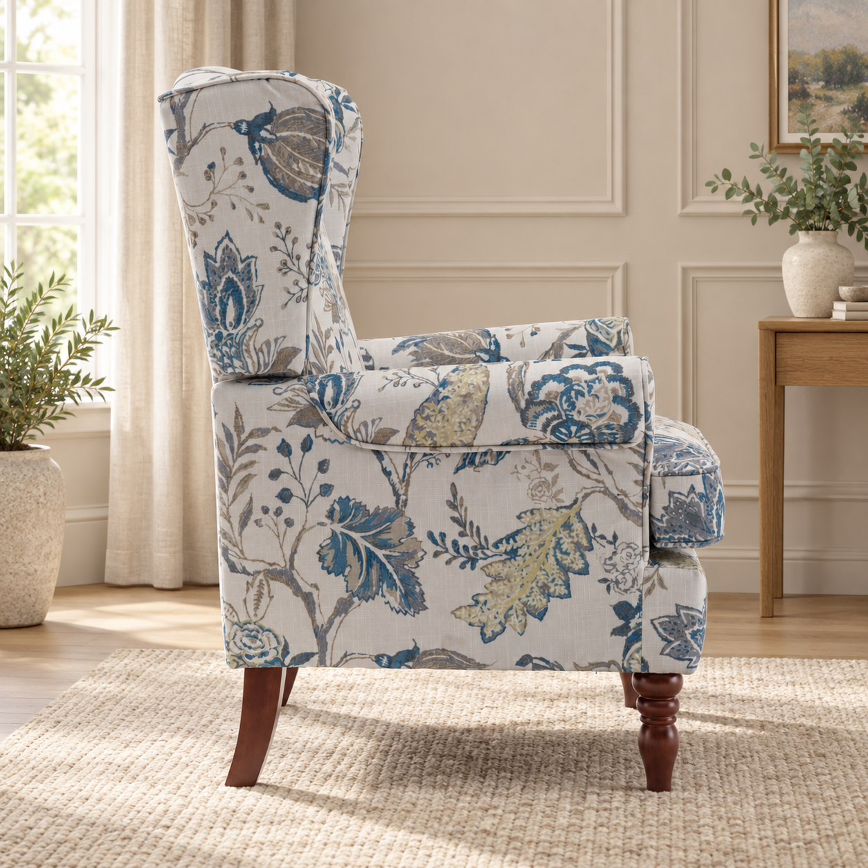 Blue Botanical Wingback Chair - Image 3