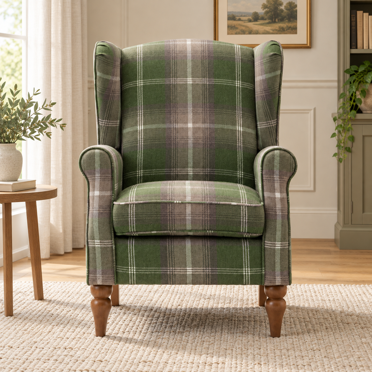 Highland Green Check Wingback Chair