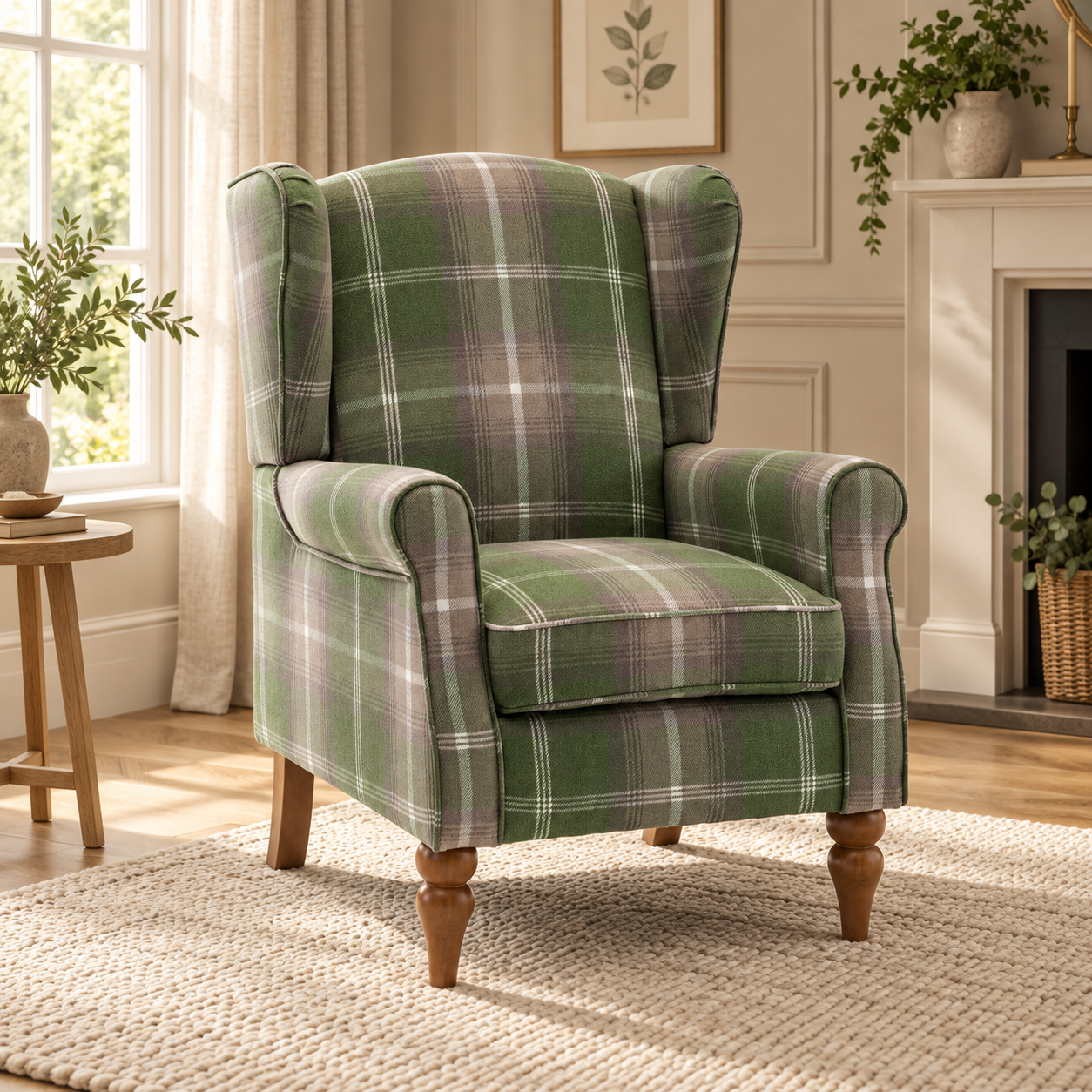 Highland Green Check Wingback Chair - Image 2