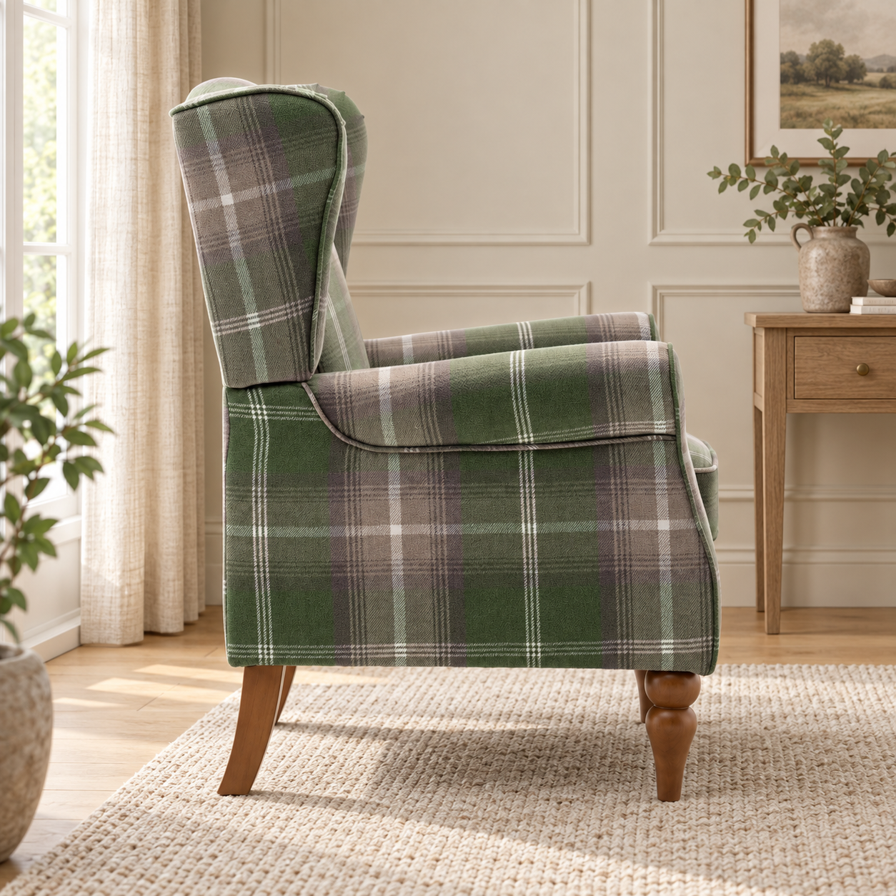 Highland Green Check Wingback Chair - Image 3