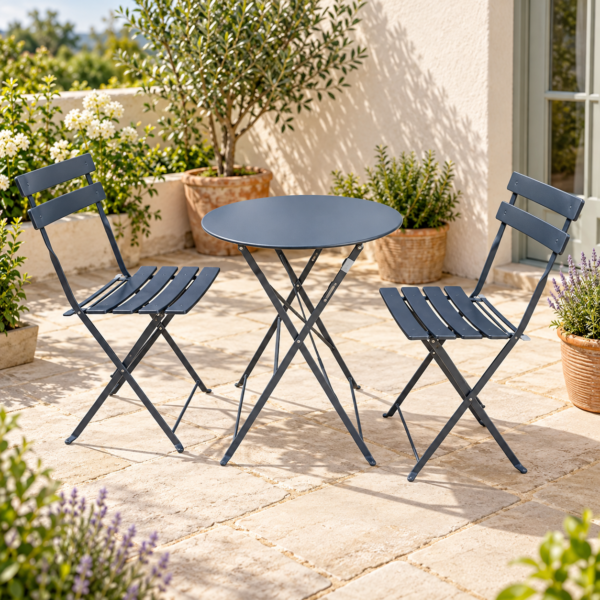 The Sutton-Leach Three-Piece Folding Metal Bistro Set – Grey