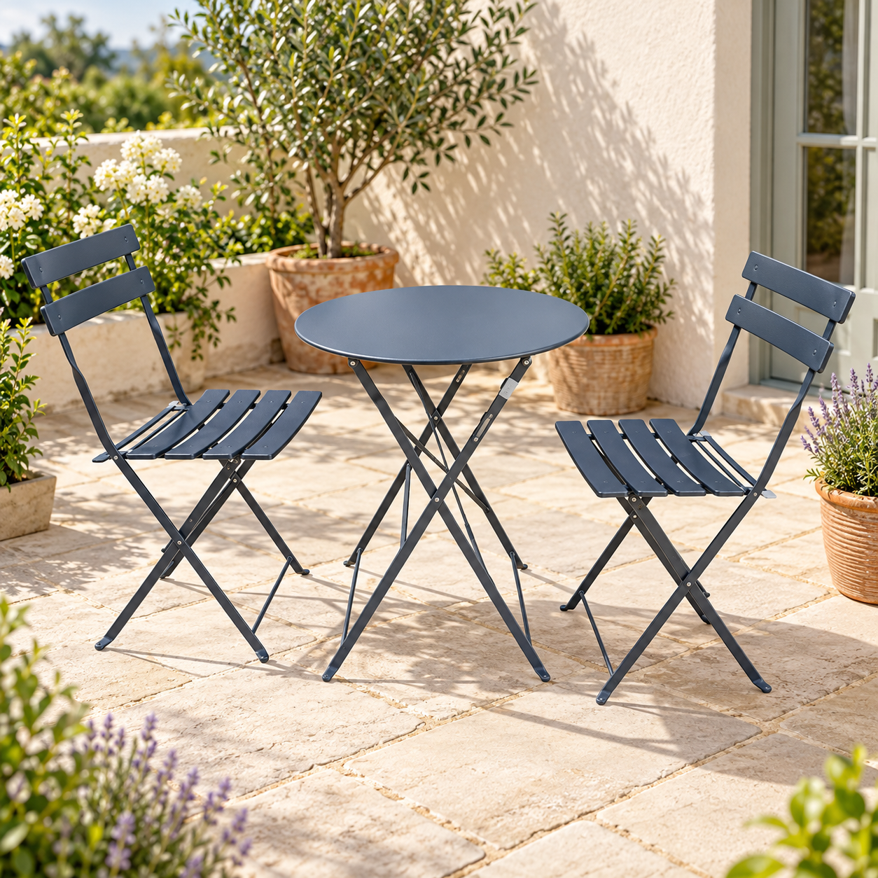 The Sutton-Leach Three-Piece Folding Metal Bistro Set – Grey