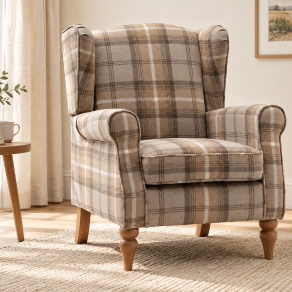 The Freya Wingback Chair – Natural Tartan