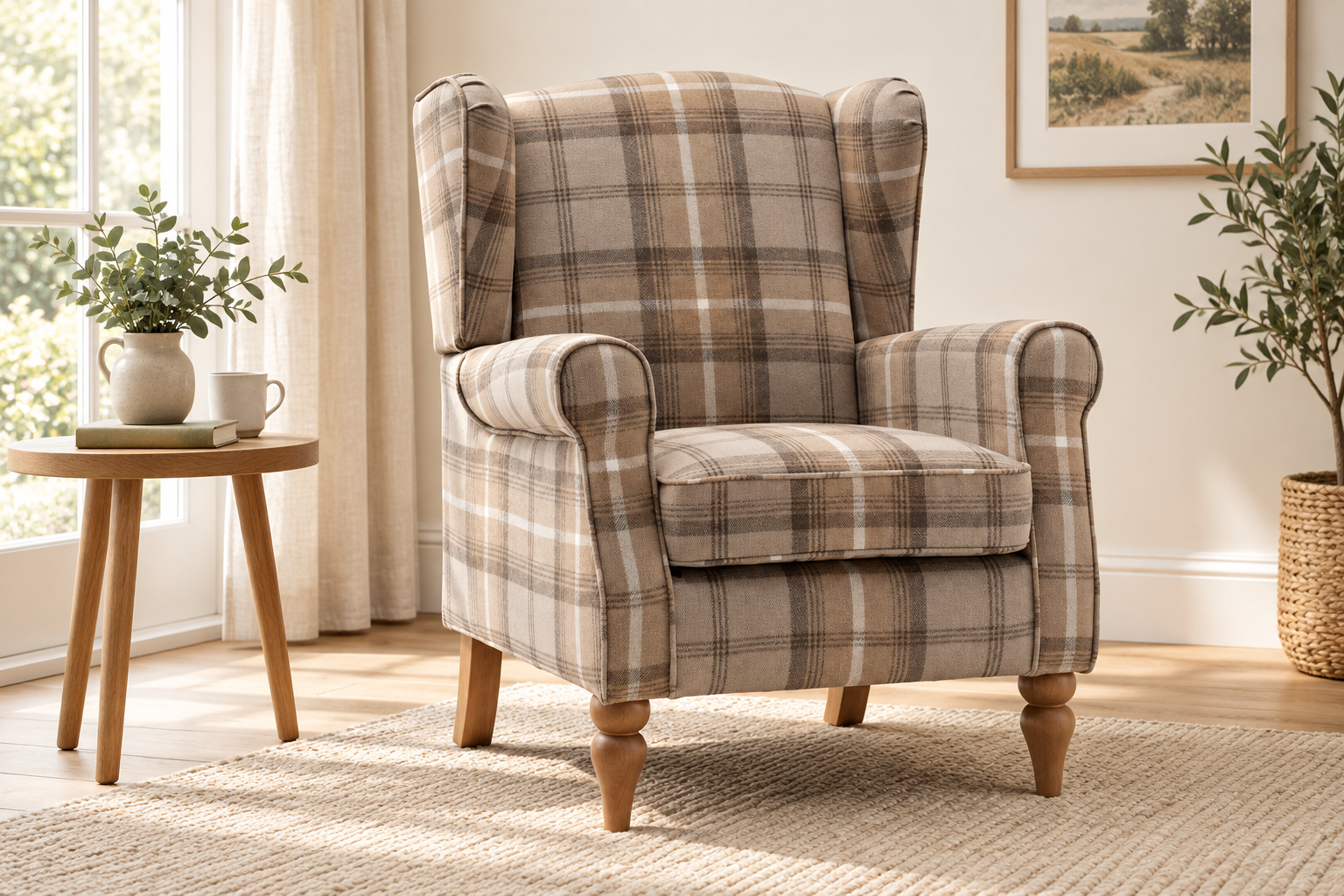 The Freya Wingback Chair – Natural Tartan