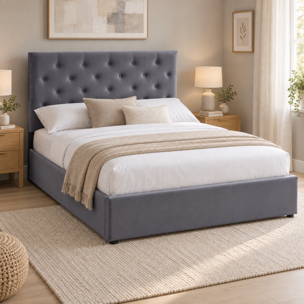 The Siena Grey Velvet Ottoman Storage Bed – Double