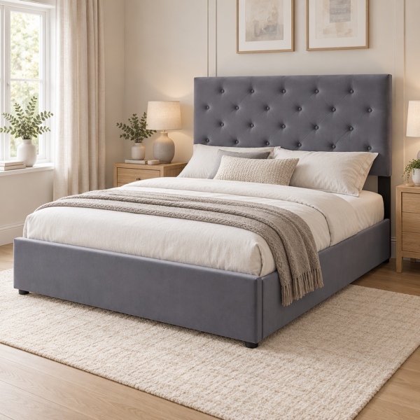 The Siena Grey Velvet Ottoman Storage Bed – King