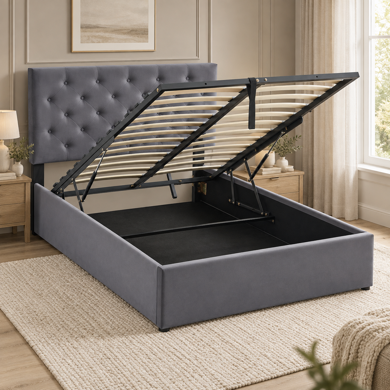 The Siena Grey Velvet Ottoman Storage Bed – King - Image 4