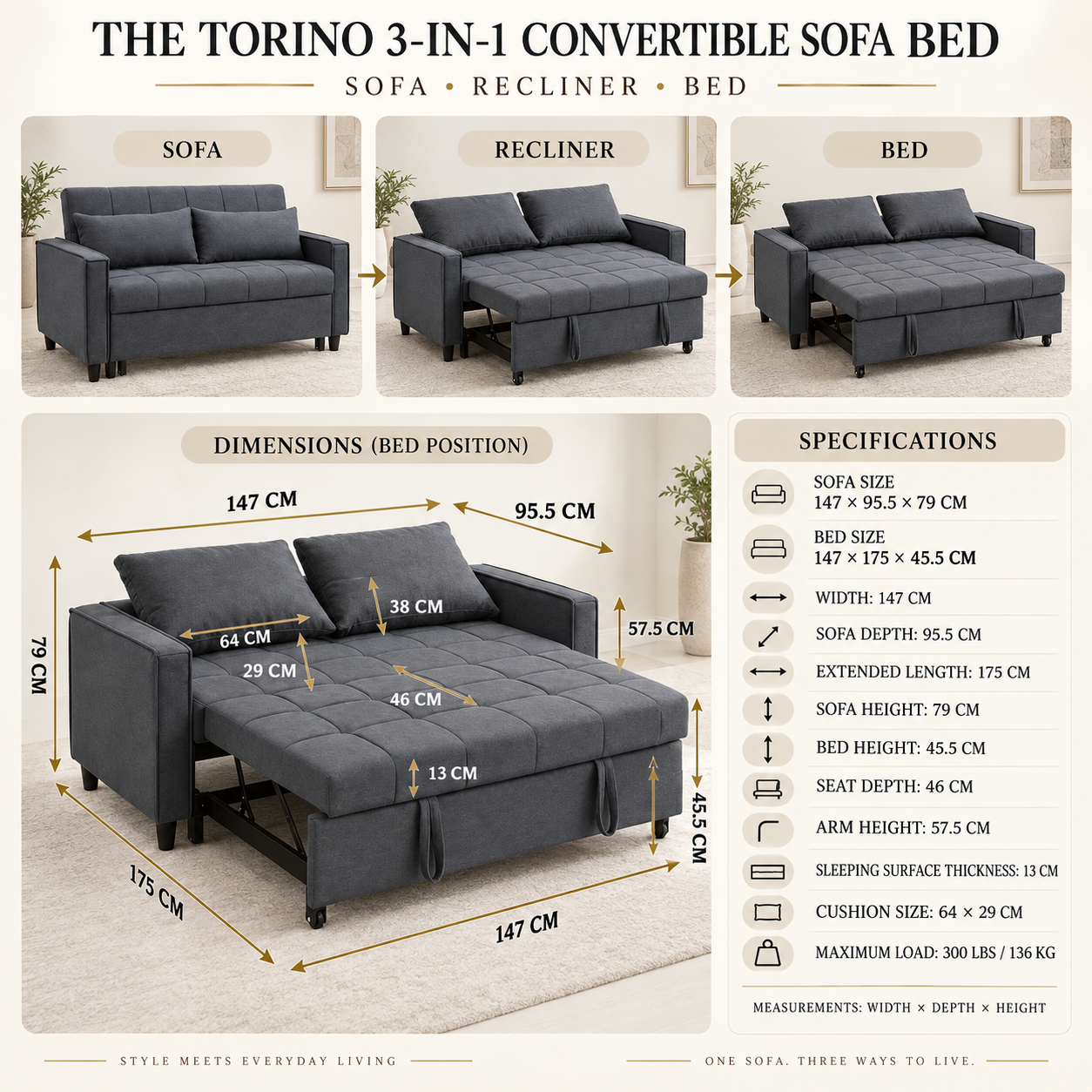 The Tate 3-in-1 Convertible Sofa Bed - Image 5