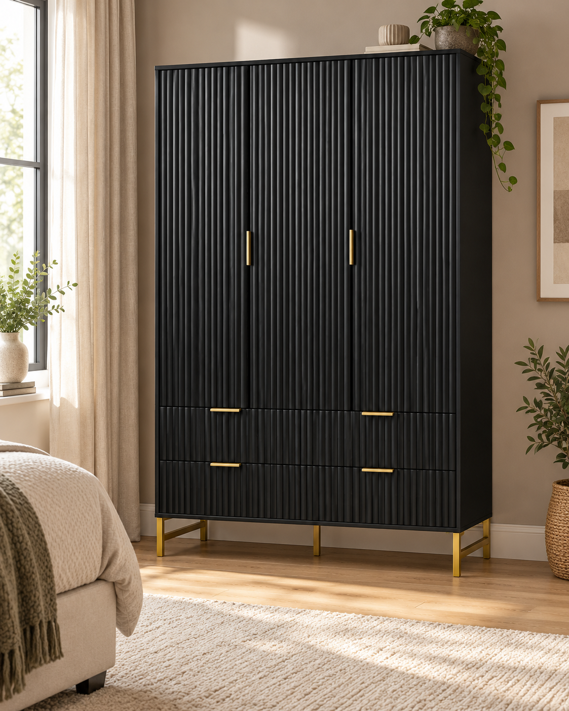 Jake-James Black Fluted Bedroom Collection – Triple Wardrobe - Image 5