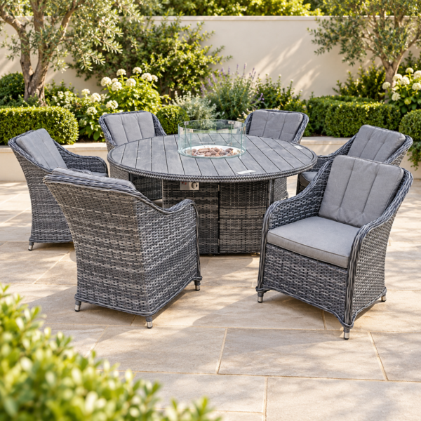 The Windle Six-Seater Grey Rattan Firepit Garden Dining Set